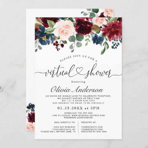 Burgundy Blue Blush Flowers Virtual Bridal Shower Invitation