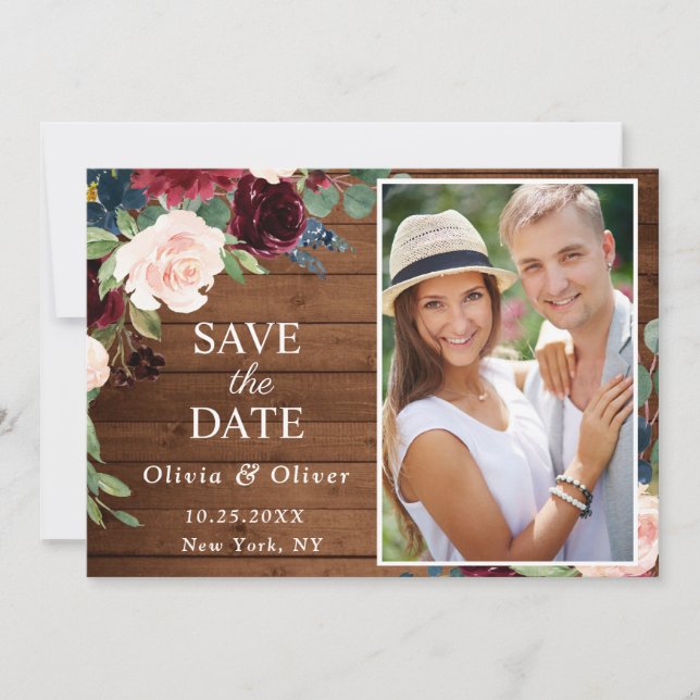 Burgundy Blue Blush Rustic PHOTO Floral Wedding Save The Date (Front)