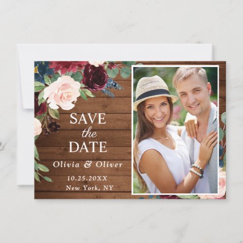 Burgundy Blue Blush Rustic PHOTO Floral Wedding Save The Date