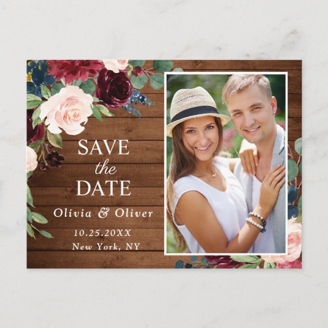 Burgundy Blue Blush Rustic Wedding Save the Date Announcement Postcard (Front)