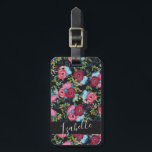 Burgundy Blue Bouquets Pattern - Name Address Luggage Tag<br><div class="desc">Black luggage tag with a pretty floral pattern in pink,  blue,  and burgundy. Add your name in a lovely script. And on the back,  your name and address.</div>