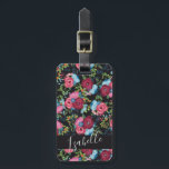 Burgundy Blue Bouquets Pattern - Name Address Luggage Tag<br><div class="desc">Black luggage tag with a pretty floral pattern in pink,  blue,  and burgundy. Add your name in a lovely script. And on the back,  your name and address.</div>