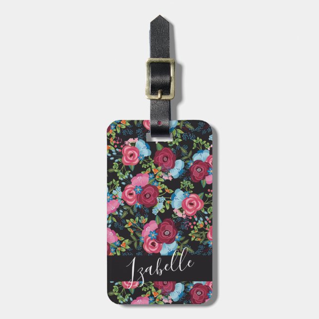 Burgundy Blue Bouquets Pattern - Name Address Luggage Tag (Front Vertical)