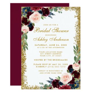 Burgundy Blue Bridal Shower Gold Glitter Invite