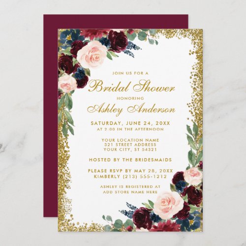 Burgundy Blue Bridal Shower Gold Glitter Invite