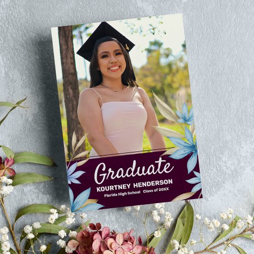 Burgundy blue brown floral photo Graduation Party Invitation