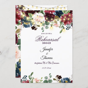 Burgundy & Blue English Flowers Rehearsal Dinner Invitation