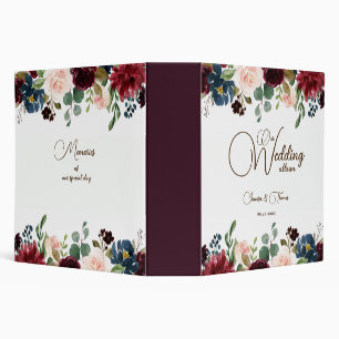 Burgundy & Blue English Flowers Wedding Album 3 Ring Binder