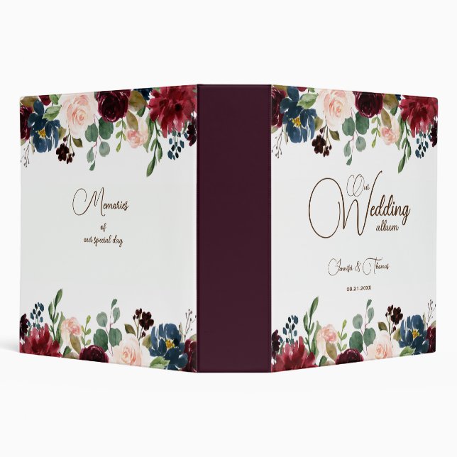 Burgundy & Blue English Flowers Wedding Album 3 Ring Binder (Background)