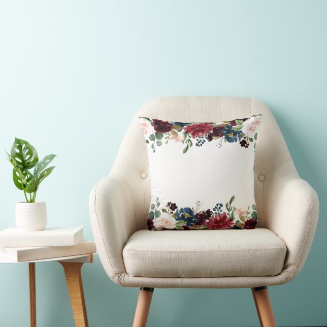 Burgundy & Blue English Flowers Wedding Favor Throw Pillow (Chair)