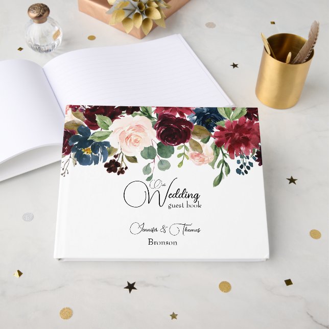 Burgundy & Blue English Flowers Wedding Guest Book (Front Open)