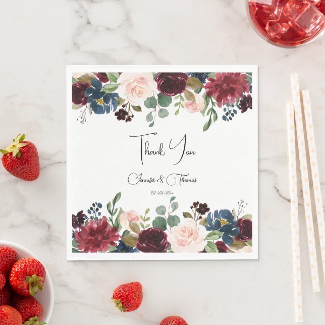 Burgundy & Blue English Flowers Wedding  Napkins (Insitu)