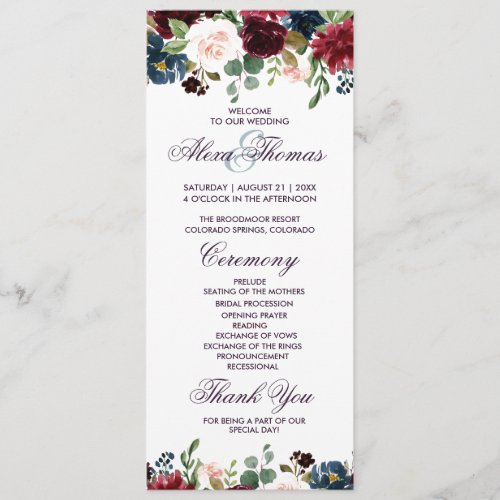 Burgundy  Blue English Flowers Wedding Program