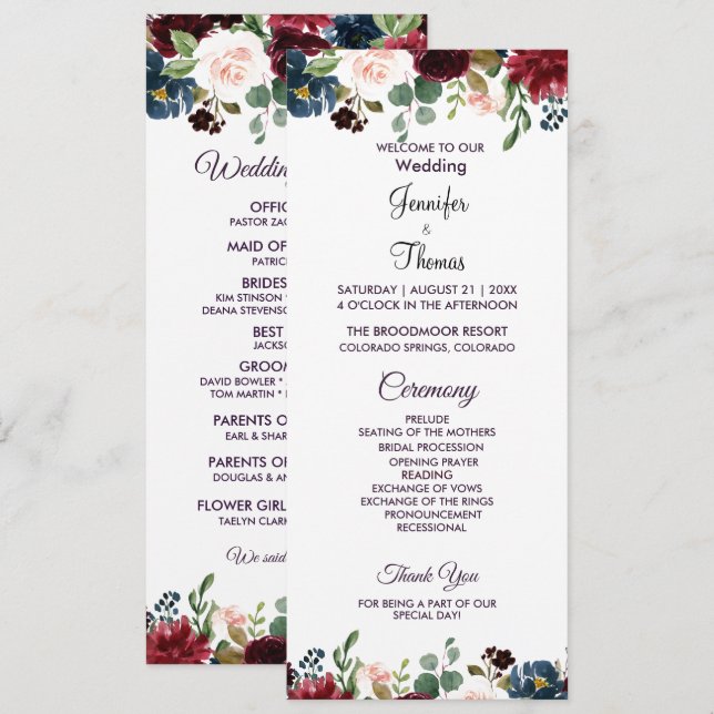 Burgundy & Blue English Flowers Wedding Program (Front/Back)