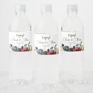 Burgundy & Blue English Flowers Wedding Water Bottle Label