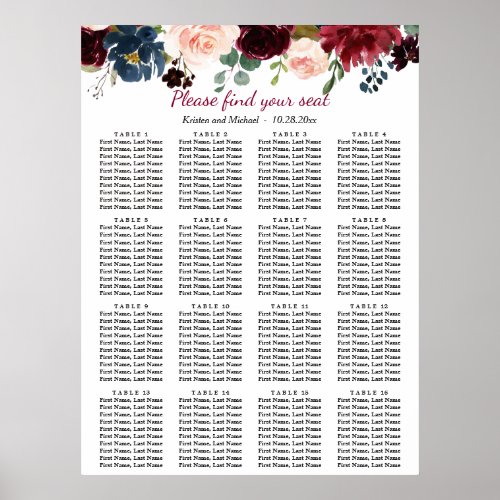 Burgundy Blue Floral 16 tables Seating Chart