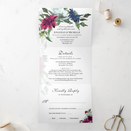 Burgundy Blue Floral All in One Christian Wedding Tri_Fold Invitation