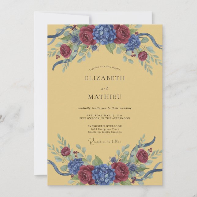 Burgundy Blue Floral Arch Wedding Invitation (Front)