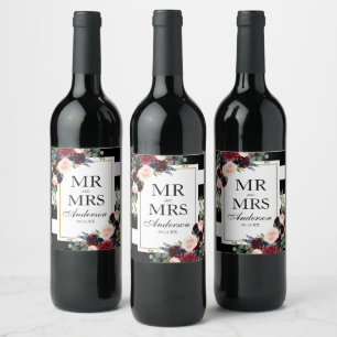 Burgundy Blue Floral Black White Striped Wine Label