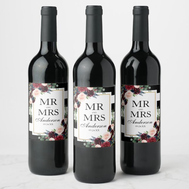 Burgundy Blue Floral Black White Striped Wine Label (Bottles)
