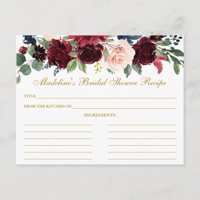 Burgundy Blue Floral Bridal Shower Gold Recipe Advice Card (Front)