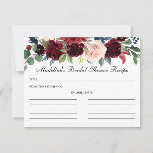 Burgundy Blue Floral Bridal Shower Recipe Card