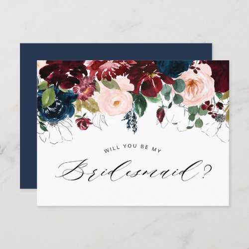 burgundy blue floral bridesmaid proposal card