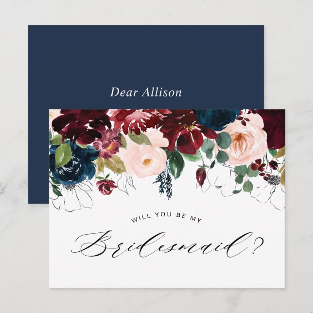 burgundy blue floral bridesmaid proposal card (Front/Back)