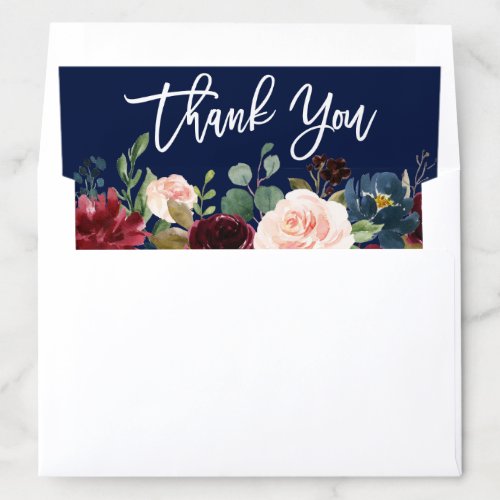 Burgundy Blue Floral Brush Script Thank You Envelope Liner