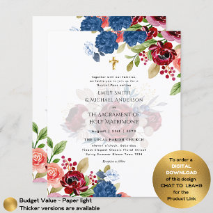 Burgundy Blue Floral Catholic Nuptial Mass Wedding Flyer