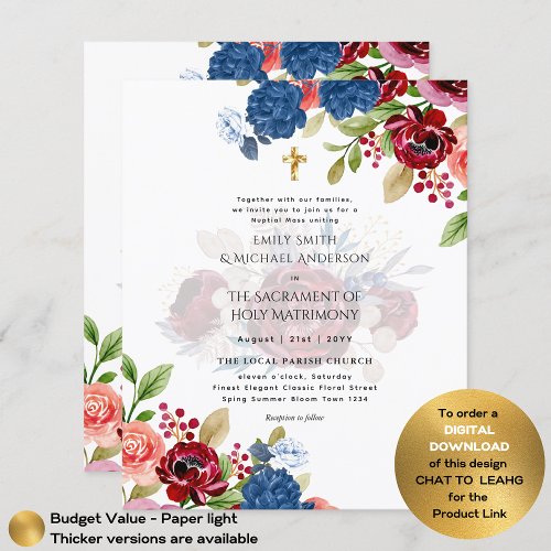 Burgundy Blue Floral Catholic Nuptial Mass Wedding Flyer