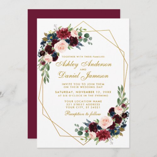 Burgundy Blue Floral Geometric Gold Wedding Invitation