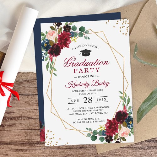 Burgundy Blue Floral Geometric Graduation Party Invitation