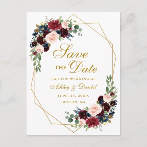 Burgundy Blue Floral Gold Frame Save the Date Announcement Postcard