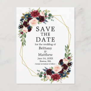 Burgundy Blue Floral Gold Geo Frame Save the Date Postcard