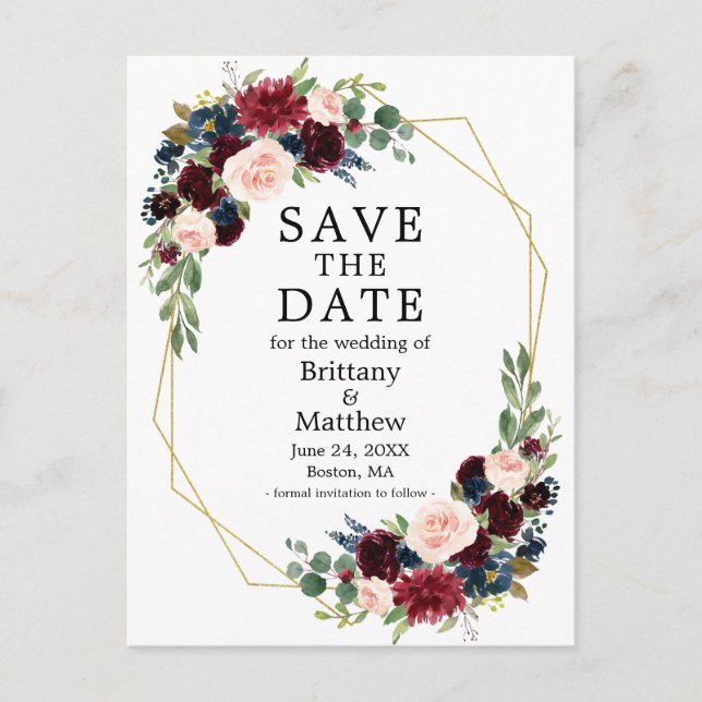 Burgundy Blue Floral Gold Geo Frame Save the Date Postcard (Front)