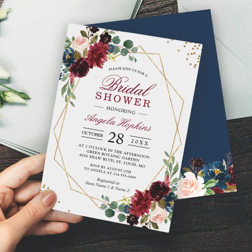 Burgundy Blue Floral Gold Geometric Bridal Shower Invitation