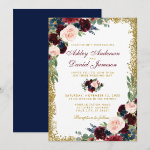 Burgundy Blue Floral Gold Glitter Wedding B Invitation