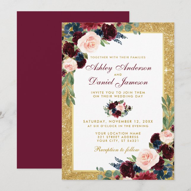Burgundy Blue Floral Gold Glitter Wedding B Invitation (Front/Back)