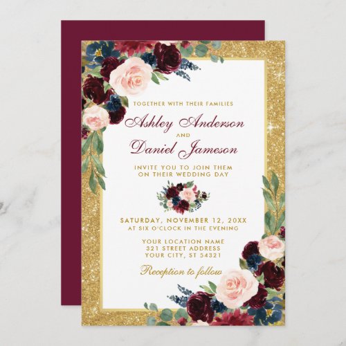 Burgundy Blue Floral Gold Glitter Wedding B Invitation