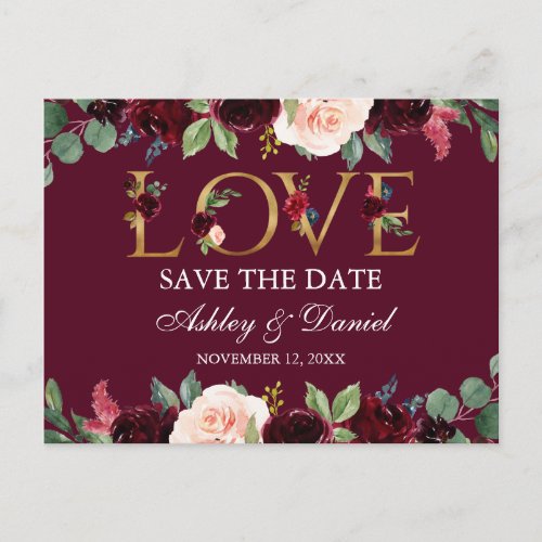 Burgundy Blue Floral Gold Love Save The Date Announcement Postcard