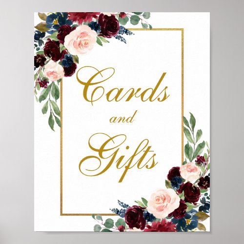 Burgundy Blue Floral Gold Wedding Cards Gifts Poster