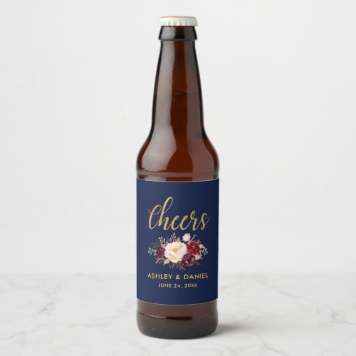 Burgundy Blue Floral Gold Wedding Cheers Beer Bottle Label