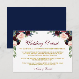 Burgundy Blue Floral Gold Wedding Details Insert