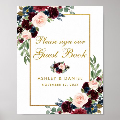 Burgundy Blue Floral Gold Wedding Guest Book