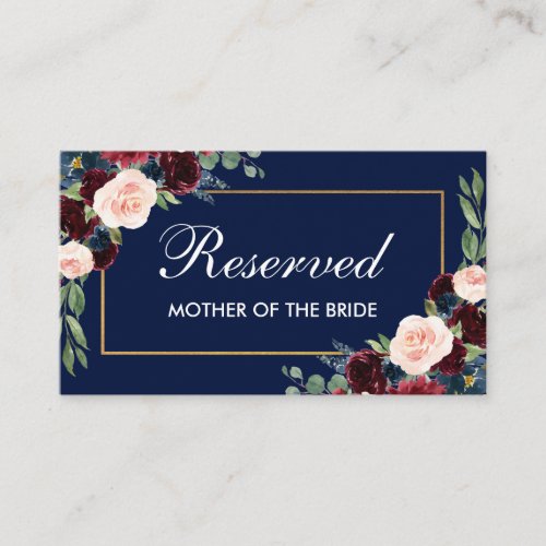 Burgundy Blue Floral Gold Wedding Reserved Name Place Card