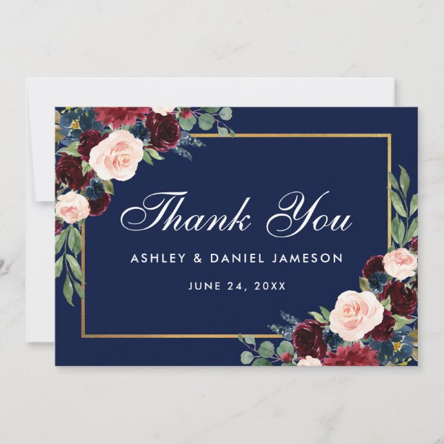 Burgundy Blue Floral Gold Wedding Thank You Card (Front)