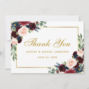 Burgundy Blue Floral Gold Wedding Thanks B Thank You Card
