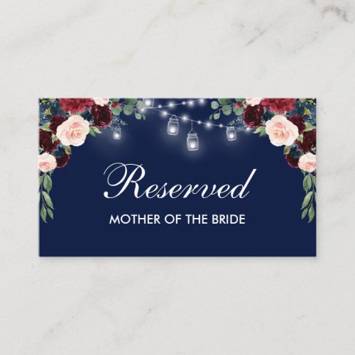 Burgundy Blue Floral Lights Wedding Reserved Name Place Card