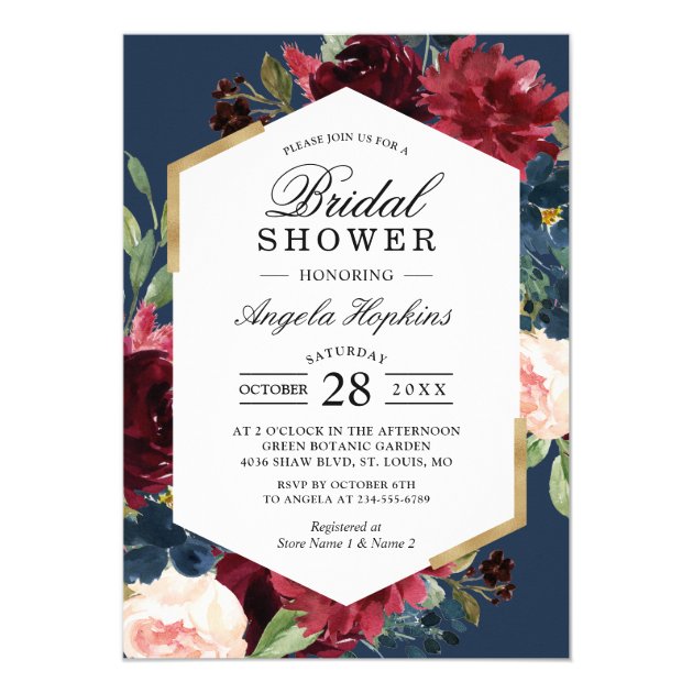Burgundy Blue Floral Modern Vintage Bridal Shower Invitation